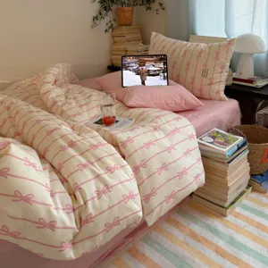 Style Coréen INS Motif Noeud Parure de Lit en Coton Doux Confortable Housse de Couette Drap Taies d'Oreiller