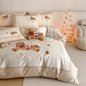 Ensemble de Literie en Coton à Fibres Longues Mignon Cheval de Dessin Animé Broderie Appliquée Housse de Couette Drap Taies d'Oreiller
