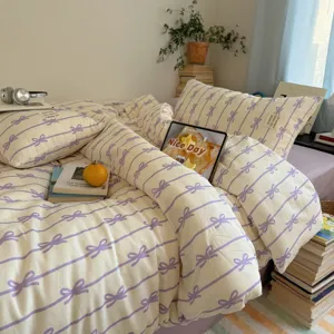 Parure de lit 100% coton style ins coréen avec joli imprimé nœud papillon violet printemps.