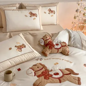 Parure de lit brodée en coton de luxe 4 pièces motif cheval mignon pour chambre chaleureuse