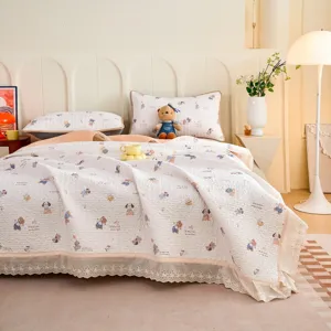 French vintage cream style cotton double-layer gauze bed cover set with cute print and lace trim.