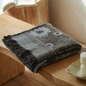 Vintage cotton jacquard throw blanket with fringe, retro sofa blanket for home office nap.