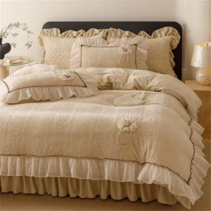 French vintage carved milk fleece bedding set with chic lace ruffles and cozy beige tone.