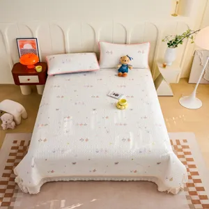French vintage cream style cotton double-layer gauze bed cover lace non-slip 3-piece set