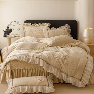 French style milk velvet bedspread 4-piece set with carved lace and cozy quilted design.