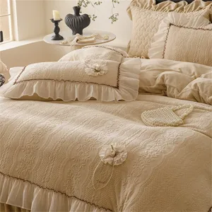 French style milk velvet bedspread four piece set with elegant lace and ruffles.
