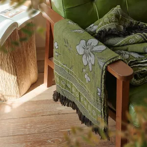 Vintage green cotton throw blanket with floral jacquard and fringe for couch sofa decor