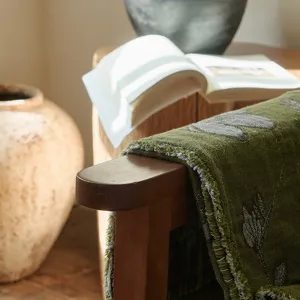 Retro jacquard cotton throw blanket with fringe detail, vintage sofa blanket for living room.