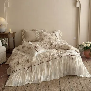 French vintage floral bedding set with ruffles and bow ties for romantic bedroom decor