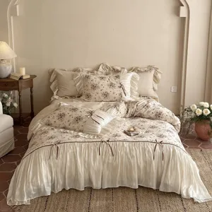 French vintage floral bedding set with bows and ruffles, cotton linen duvet cover 4 pieces.