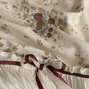 French vintage floral cotton linen duvet cover with bow lace detail and chic ruffles