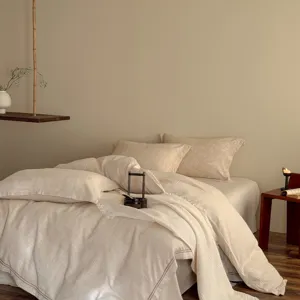 Wabi-sabi style cotton linen duvet cover set with jacquard design and elegant trim.