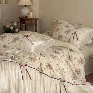 French vintage floral cotton linen bedding set with bows and ruffles for bedroom decor