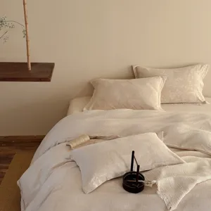 Premium yarn-dyed jacquard cotton linen bedding set, wabi-sabi style minimalist bedroom main.