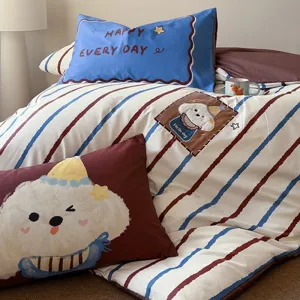 Cartoon cotton 4-piece bedding set with cute dog print, soft duvet cover and pillowcases.