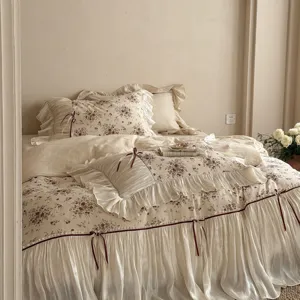 French vintage floral cotton linen bedding set ruffles duvet cover pillowcases 4pcs