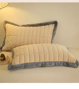 Cozy thick milk velvet quilted pillowcase pair with elegant grey border for warm bedding decor.