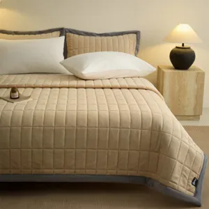 Cozy milk velvet quilted bed cover thick warm winter bedspread with elegant grey trim.
