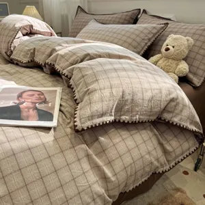 Juego de Cama de Algodón a Cuadros Minimalista Algodón Teñido en Hilo Lavado Funda de Edredón Sábana Fundas de Almohada Hogar Dormitorio Ropa de Cama