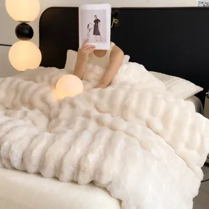 Thickened milk velvet fleece bedding set, winter warm fluffy faux fur duvet cover and bed sheet.