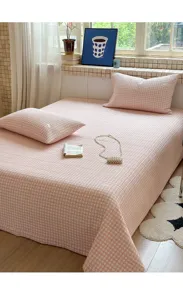 Conjunto de colcha de algodón acolchada a cuadros rosas, funda de cama coreana de doble cara.