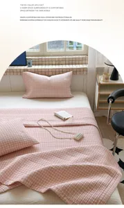 Conjunto de colcha de algodón acolchada a cuadros rosas, estilo coreano, ropa de cama cómoda.