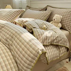 Juego de ropa de cama de algodón lavado a cuadros clásico de 4 piezas funda nórdica suave