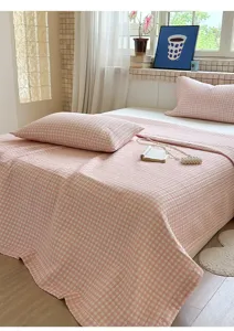 Conjunto de colcha acolchada de cuadros rosas y blancos, ropa de cama de algodón suave.