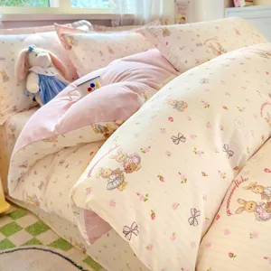 Cotton bedding set with cute rabbit floral print, soft pink and yellow duvet cover sheet.
