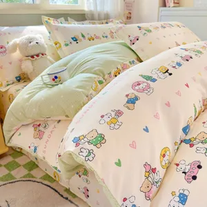 Cute cartoon cotton bedding set soft duvet cover and bed sheet for home bedroom