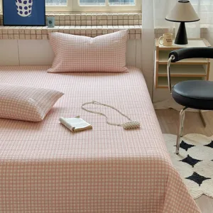 Conjunto de colcha acolchada a cuadros rosa estilo coreano 3 piezas, cubrecama grueso algodón