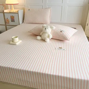 Puur Katoen Garenverfd Gewassen Katoen Hoeslaken Schattig Berenlabel Enkel Dubbel Bed Matrasovertrek Studentenhuishouding Beddengoed