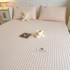 Katoen gewassen hoeslaken roze witte strepen schattige beren patch beddengoed set