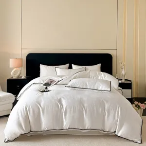 Parure de lit blanche en pur coton avec bordure noire housse de couette taies d'oreiller