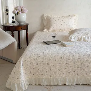Dessus de Lit Matelassé en Coton Garniture en Dentelle Vintage Français Imprimé Floral Housse de Lit Literie Pour Maison