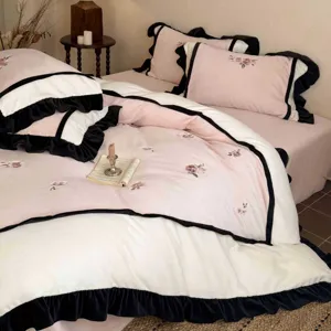 Winter milch koralle samt bettwäsche 4 tlg rosa weiß blumen stickerei bettbezug bettlaken