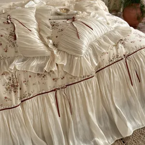 French vintage floral bedding set with ruffles and bow ties, romantic cotton linen duvet cover.