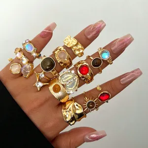 Eclectic gold-tone irregular pattern ring set with adjustable open design and colorful stones