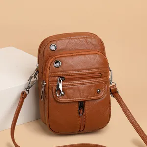 Bolso Bandolera Mini para Mujer Cuero PU Lavado Vintage Bolso Teléfono Móvil Multi Bolsillo Cremallera para Diario