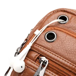 Bolso cruzado de mujer de cuero lavado retro funda de teléfono con jack de auriculares detalle