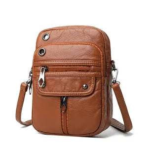 Bolso cruzado mini de cuero lavado retro para mujer, elegante bolso de hombro para teléfono.