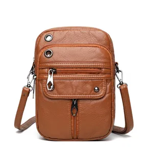 Bolso cruzado mini de cuero PU marrón para mujer, bolso de teléfono retro lavado bolsillos.