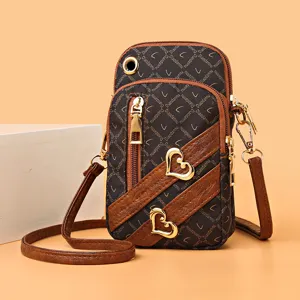 Women Vintage PU Leather Monogram Print Cell Phone Crossbody Bag Mini Vertical Square Wallet Belt Pouch With Heart Metal Hardware Shoulder Bag For Ladies Casual Daily