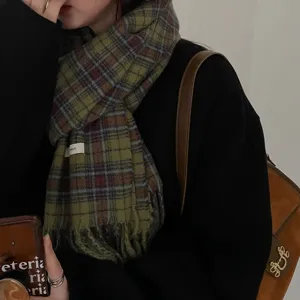Green plaid scarf for women, winter warm tassel shawl, cozy vintage style fashion accessory.