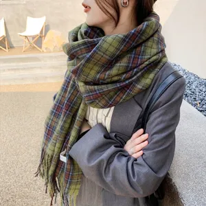 Green plaid winter scarf for women, warm thick cozy knit shawl, Korean style fashion accessory.