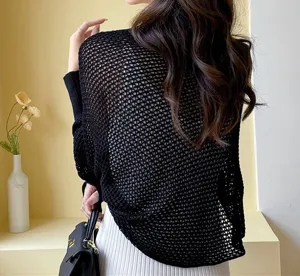 Black hollow knit bolero shrug, breathable ice silk summer cardigan, elegant women outerwear detail.