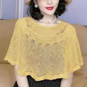 Women hollow out knit shawl summer sun protection breathable cape stylish cardigan top