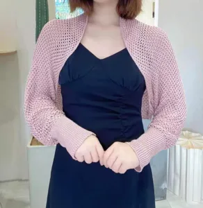 Pink knitted hollow out bolero shrug cardigan, breathable honeycomb mesh sleeves for summer.
