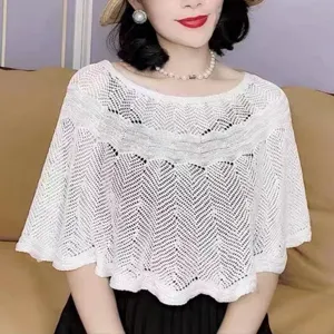 Women Ice Silk Hollow Out Knit Shawl Top Casual Pullover Short Length Capes For Summer Sun Protection Office Loose Cover Up
