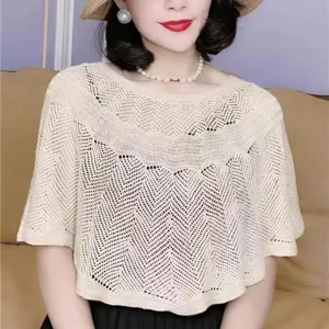 Hollow-out knitted shawl cape, breathable ice silk summer outerwear, lightweight sun protection top.